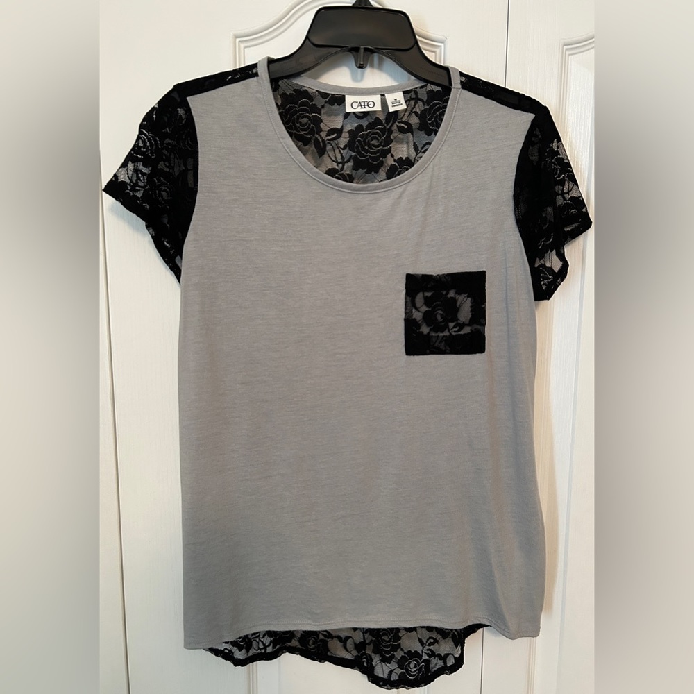 CATO: Gray/black top with sheer lace back, sleeves, and front pocket. Size M